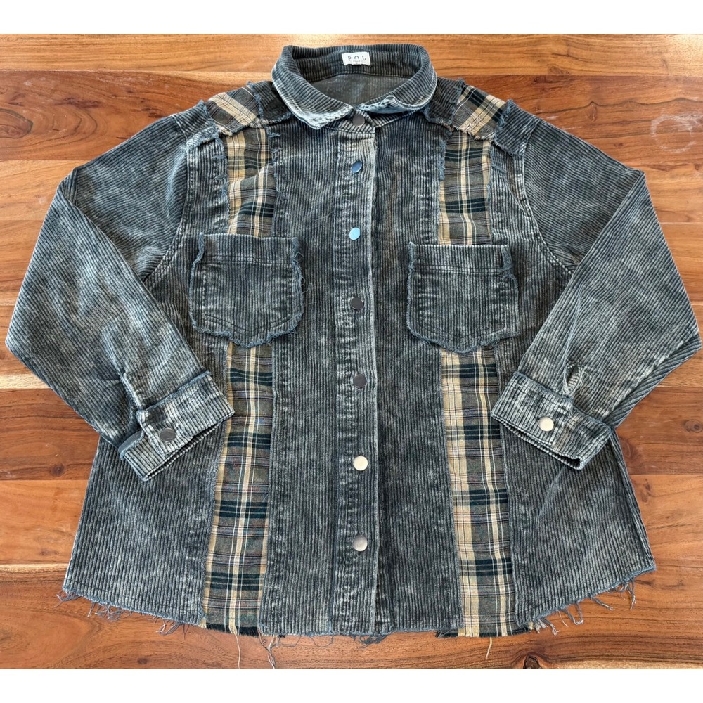 POL Corduroy Plaid Mixed Media Shacket Gray Acid Wash Distressed Raw Hem M YWJ3
